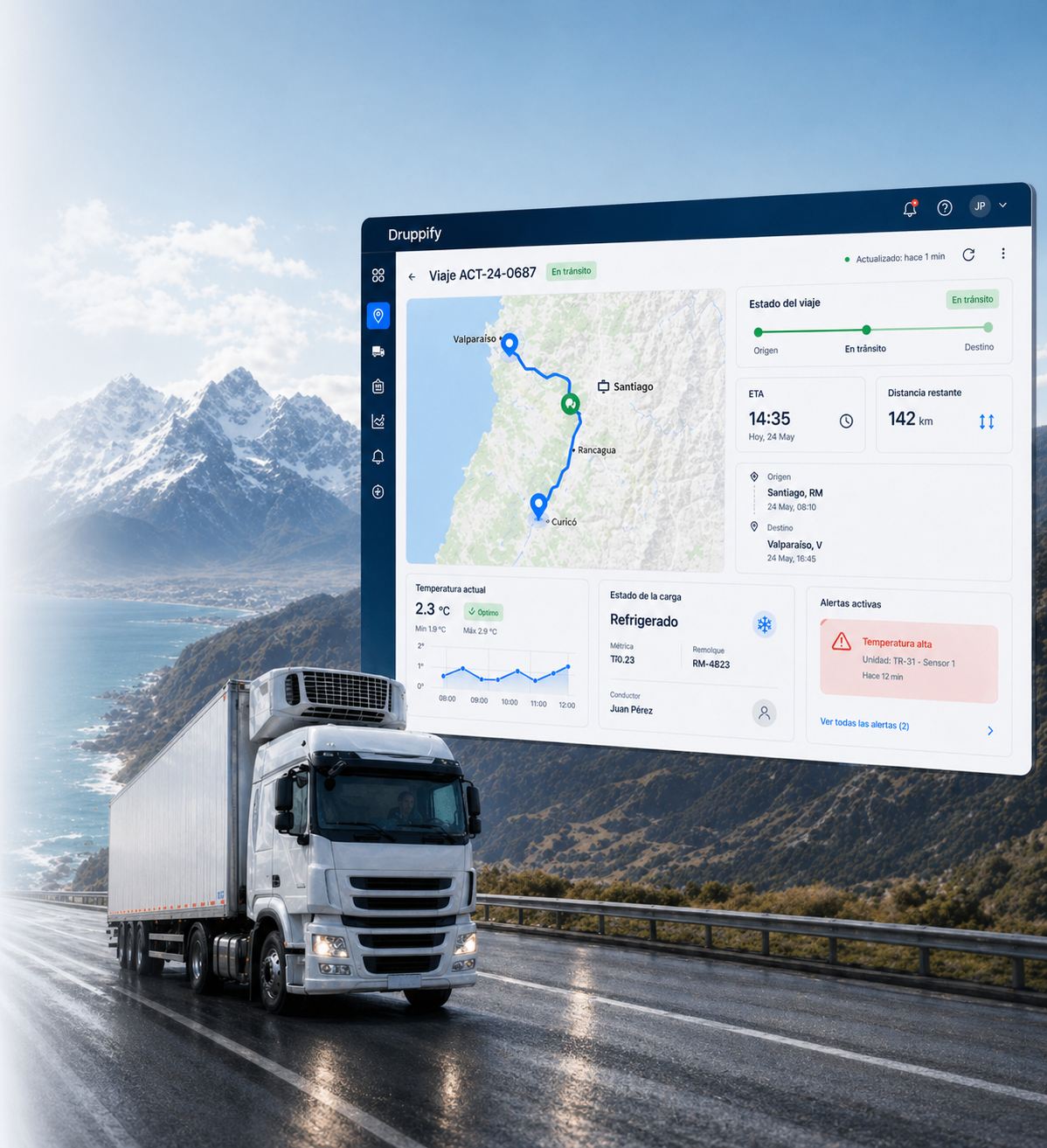 Sensores IoT de temperatura y trazabilidad de carga refrigerada integrados al dashboard de Druppify