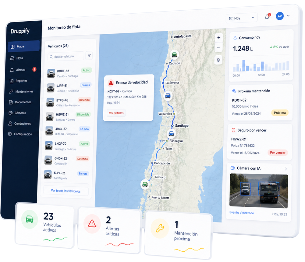 Monitoreo de flota con cámaras de inteligencia artificial y alertas de mantención
