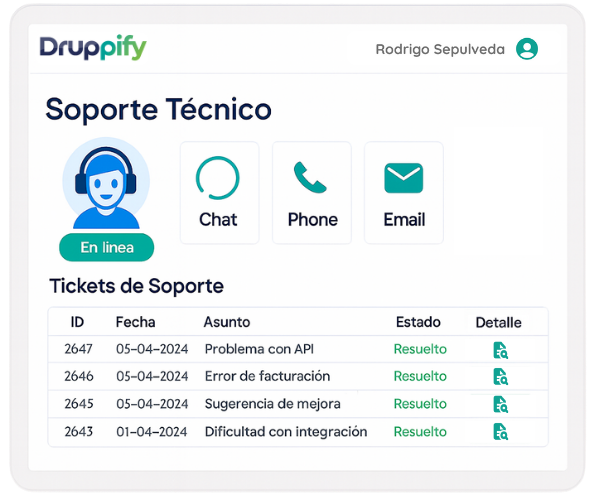 Vista de soporte técnico y atención dedicada